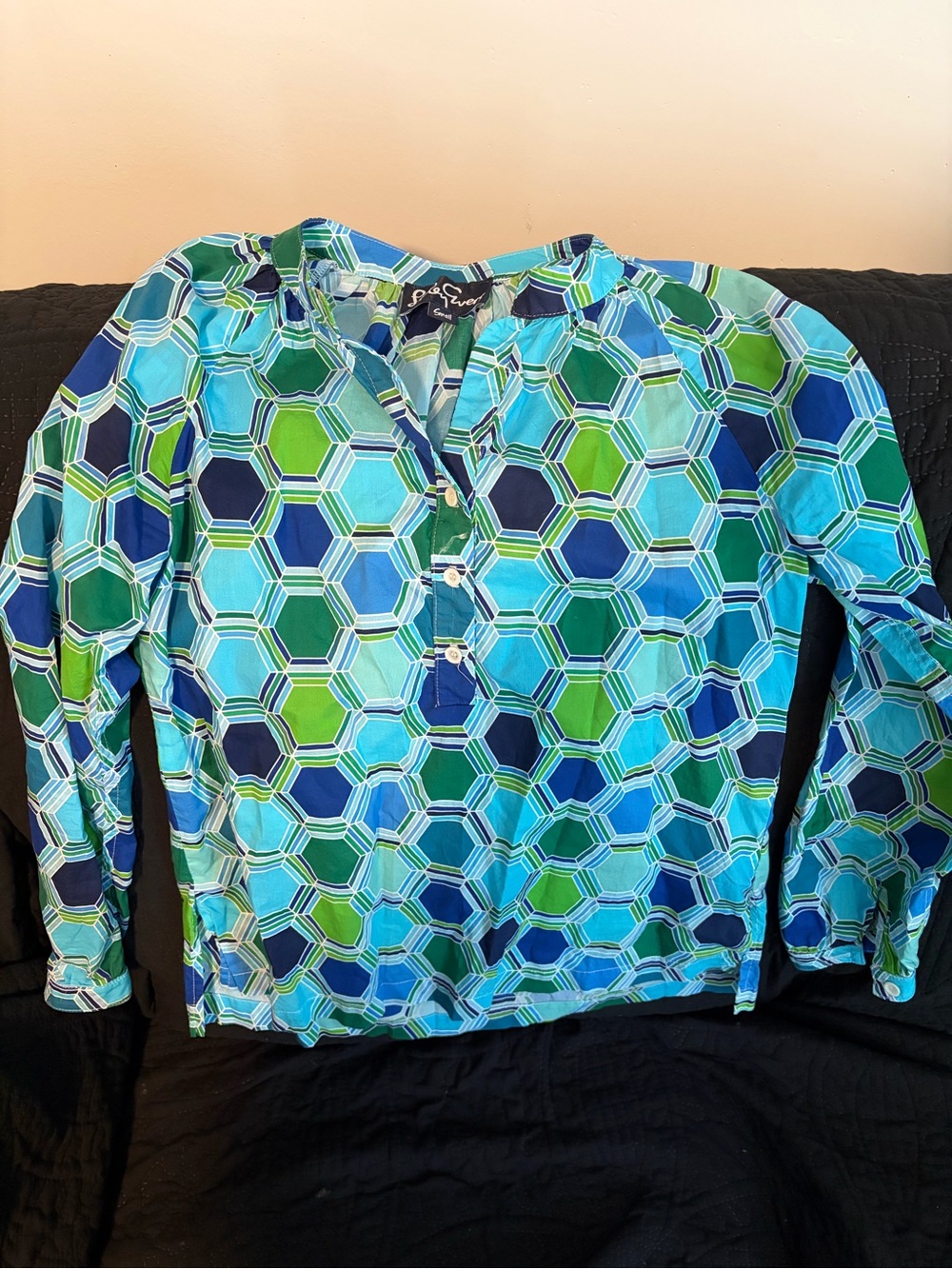 Geometric Blue & Green Henley Blouse
